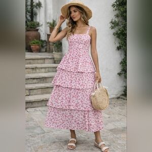 Blush Bloom Coquette Tiered Midi Dress – Feminine Floral Ruffle Sundress
